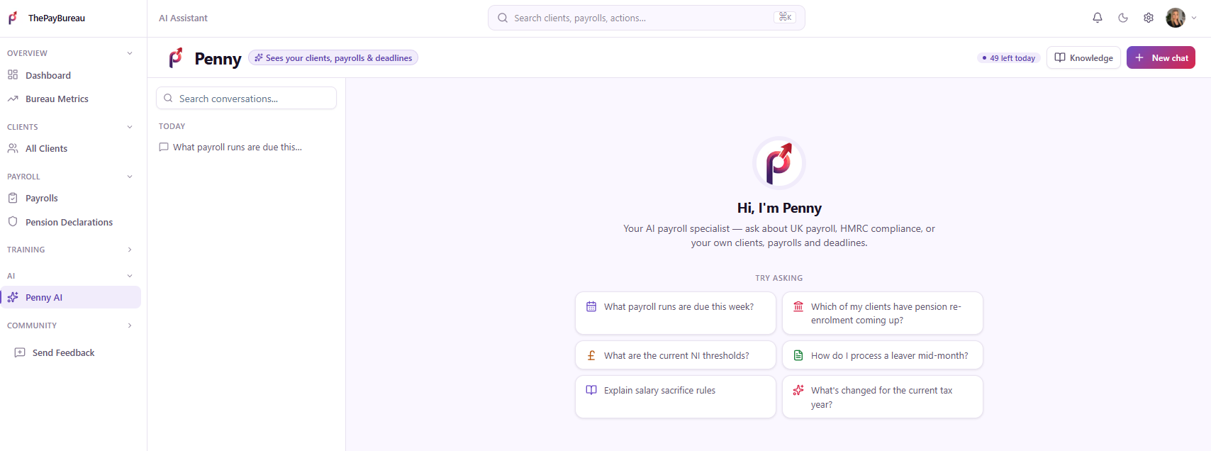 Penny, ThePayBureau’s AI assistant, answering payroll questions